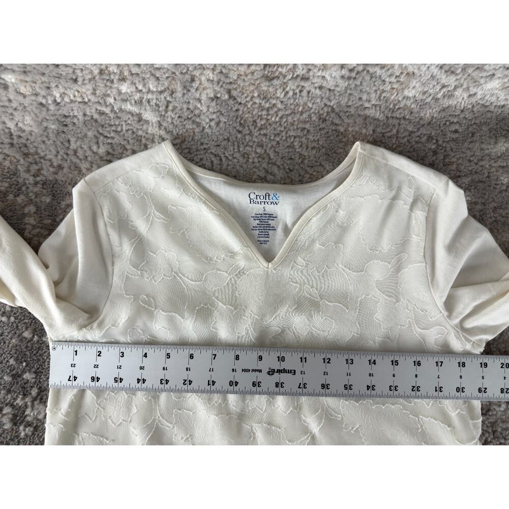 Croft Barrow Size S Floral Casual V‎ Neck Top Ivory 3/4 Sleeve Pullover - Picture 6 of 8